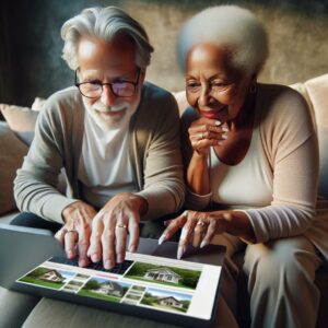 Elderly couple browsing affordable housing online