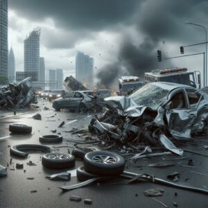 Crushed vehicles at accident site