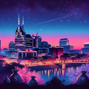 Nashville skyline with prosperity symbols