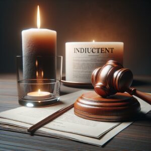 "Gavel, indictment paper, memorial candle"