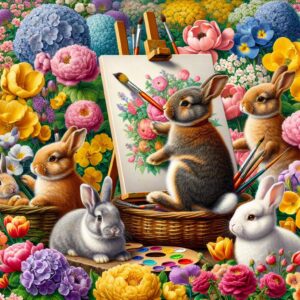 Artistic bunnies among spring flowers