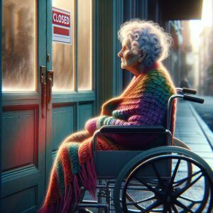 Elderly woman in wheelchair, visiting closed store