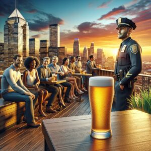 Rooftop bar, beer can, officer