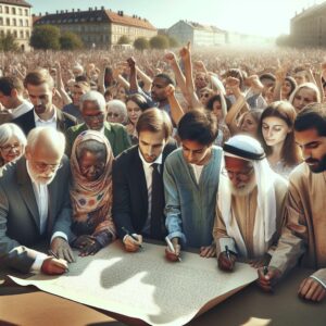 Crowd signing a large petition