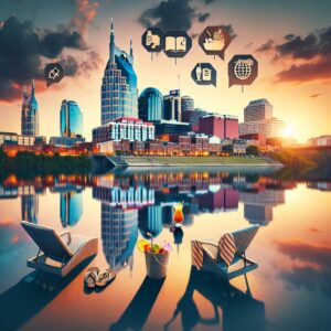 "Nashville skyline with staycation icons"