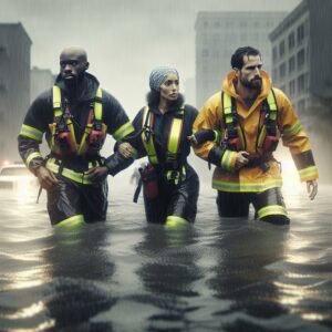 Rescue team amidst floodwaters