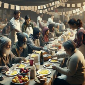 Homeless people receiving breakfast