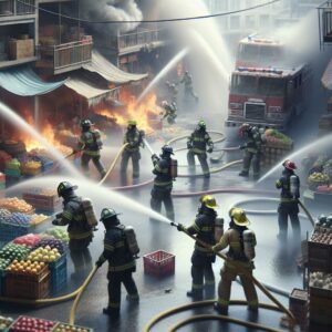 Firefighters extinguishing market fire