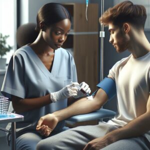 Phlebotomist drawing blood safely