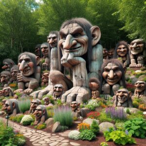 Giant wooden troll sculptures garden