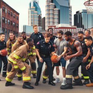 Nashville firefighters, policemen playing basketball