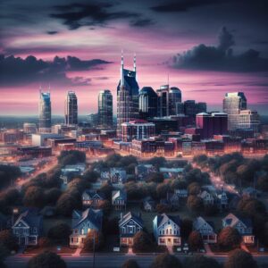 "Nashville Skyline with For Sale Signs"