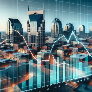 "Nashville skyline with decreasing rent graph"