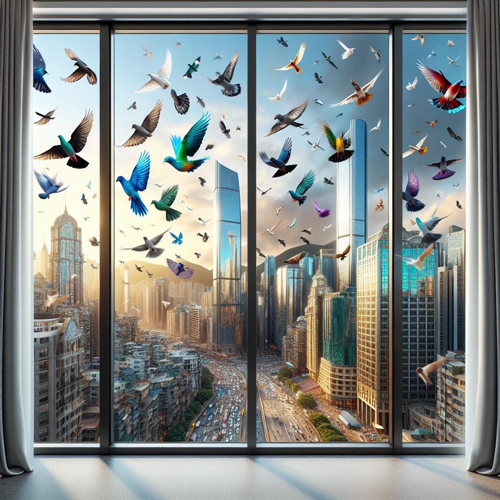 Birds, reflective buildings, window treatment