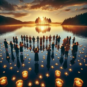 Reflective lakeside vigil ceremony