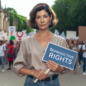 Woman holding 'Reproductive Rights' sign