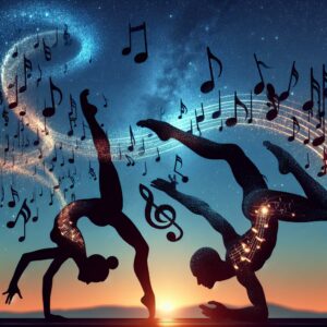 Acrobat silhouettes with musical notes