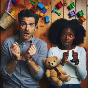 Parents handcuffed, baby toys scattered