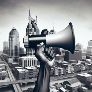 Black hands holding megaphone, Nashville skyline.