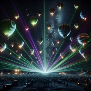 Hot Air Balloons Illuminating Night Sky with Laser Show