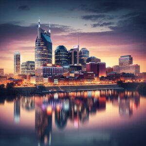 Nashville skyline with corporate logos