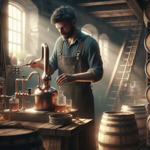 Artisan crafting whiskey in distillery