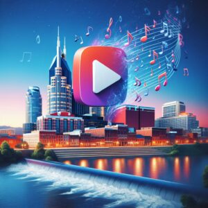 TikTok logo, Nashville skyline, music notes