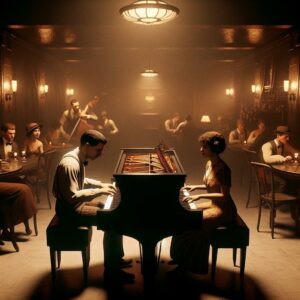 "Dueling pianos in speakeasy"