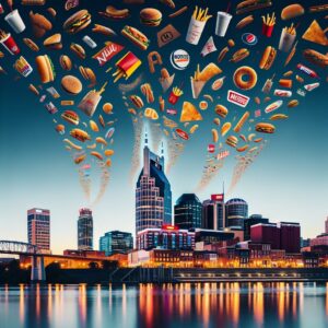 Nashville skyline with fast-food logos