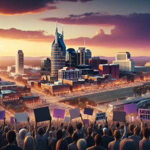 Nashville skyline with protest signs