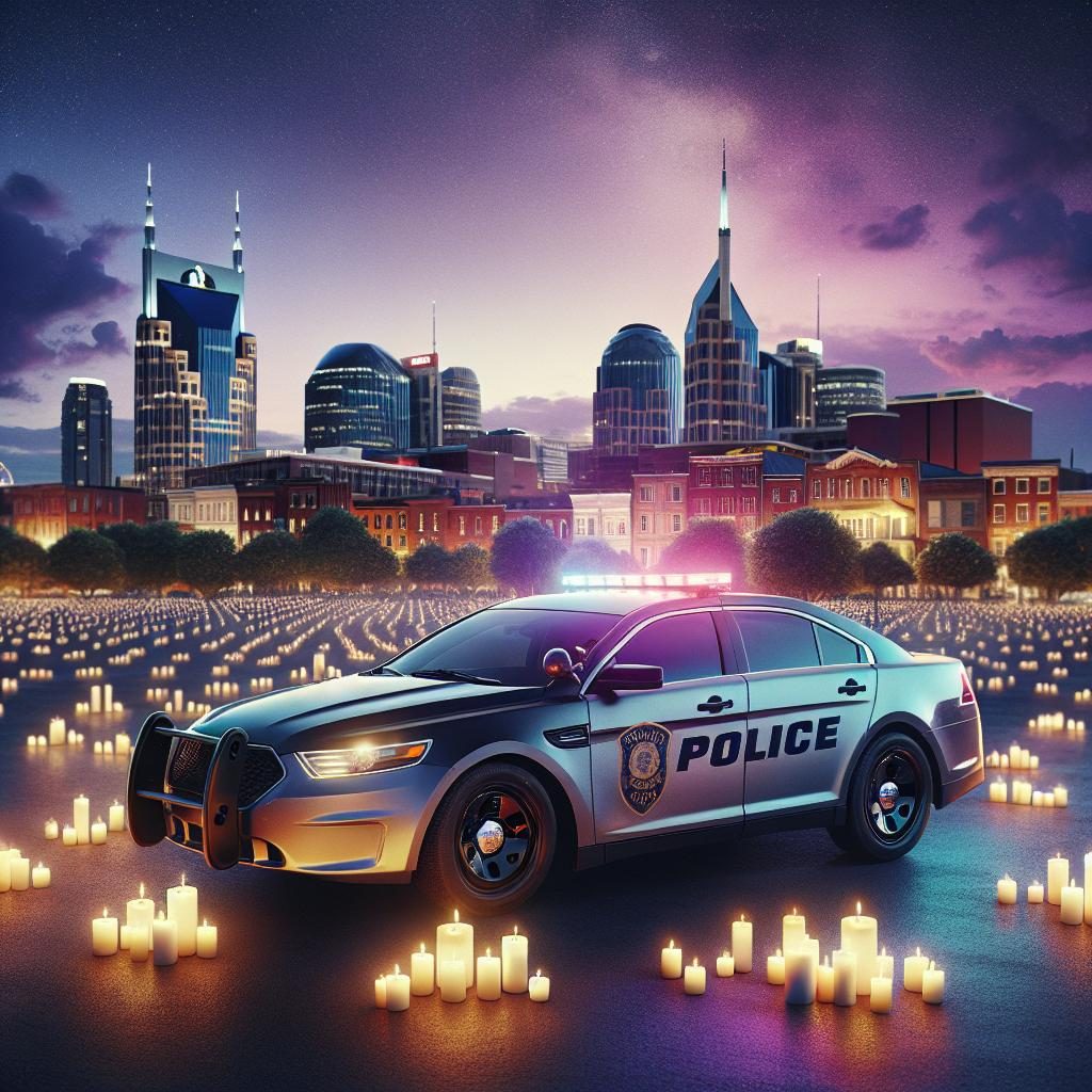 Police car, Nashville skyline, vigil candles