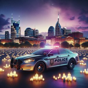 Police car, Nashville skyline, vigil candles