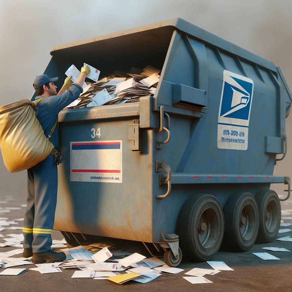 USPS worker disposing mail in dumpster