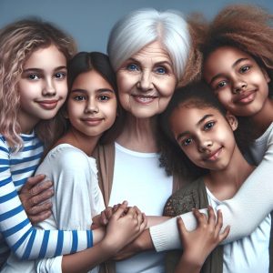 Elderly woman embracing four girls