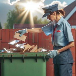 Postal worker throwing mail in dumpster