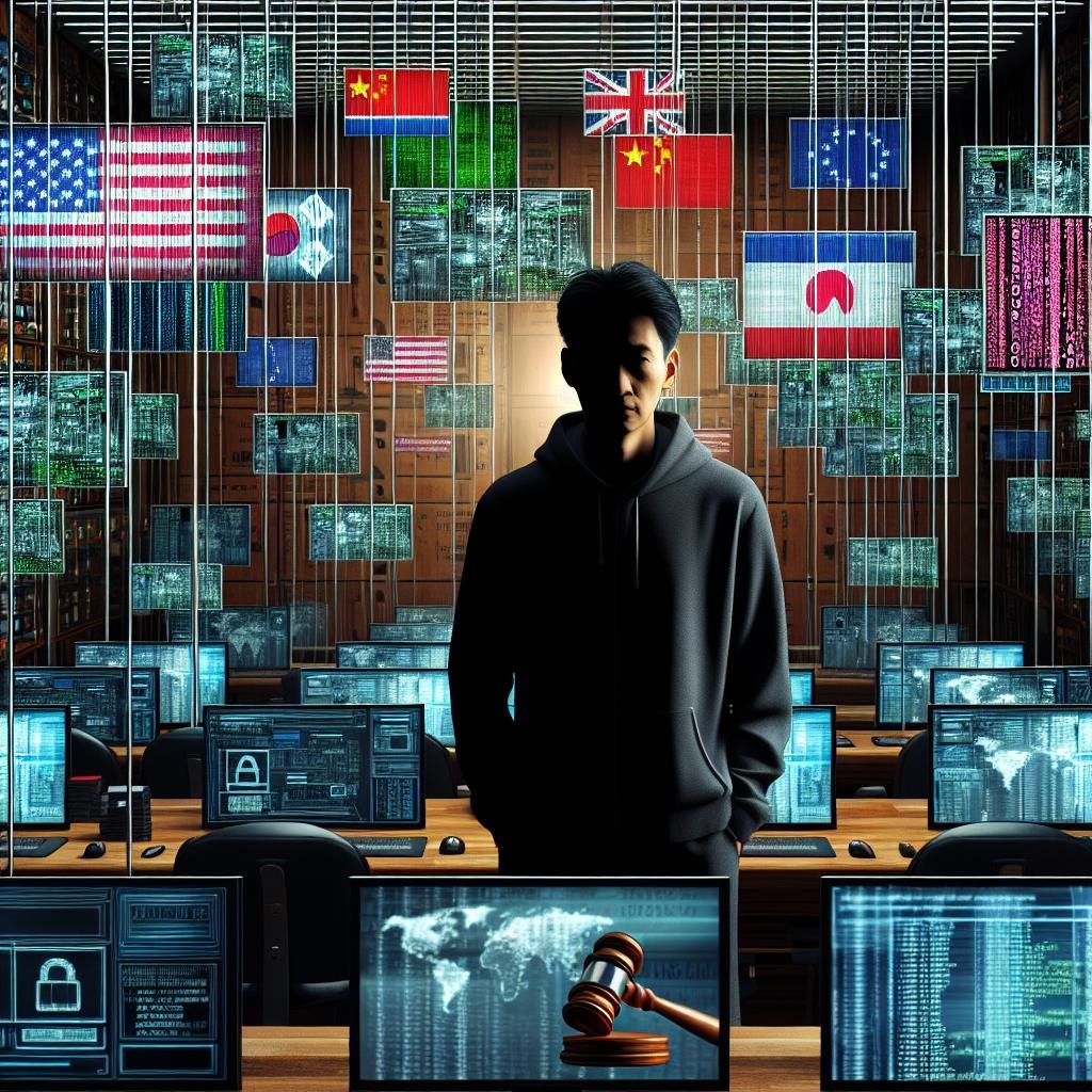 Man in front of screen-filled room, symbolizing a "Laptop Farm", with diverse incoming and outgoing digital data, partially obscured by a shadowy figure, representing unobservable cybercriminal activity. Flags of the USA, UK, China and North Korea are subtly incorporated within—or emanating from—the data streams. At one corner, a gavel and court documents suggest legal prosecution.