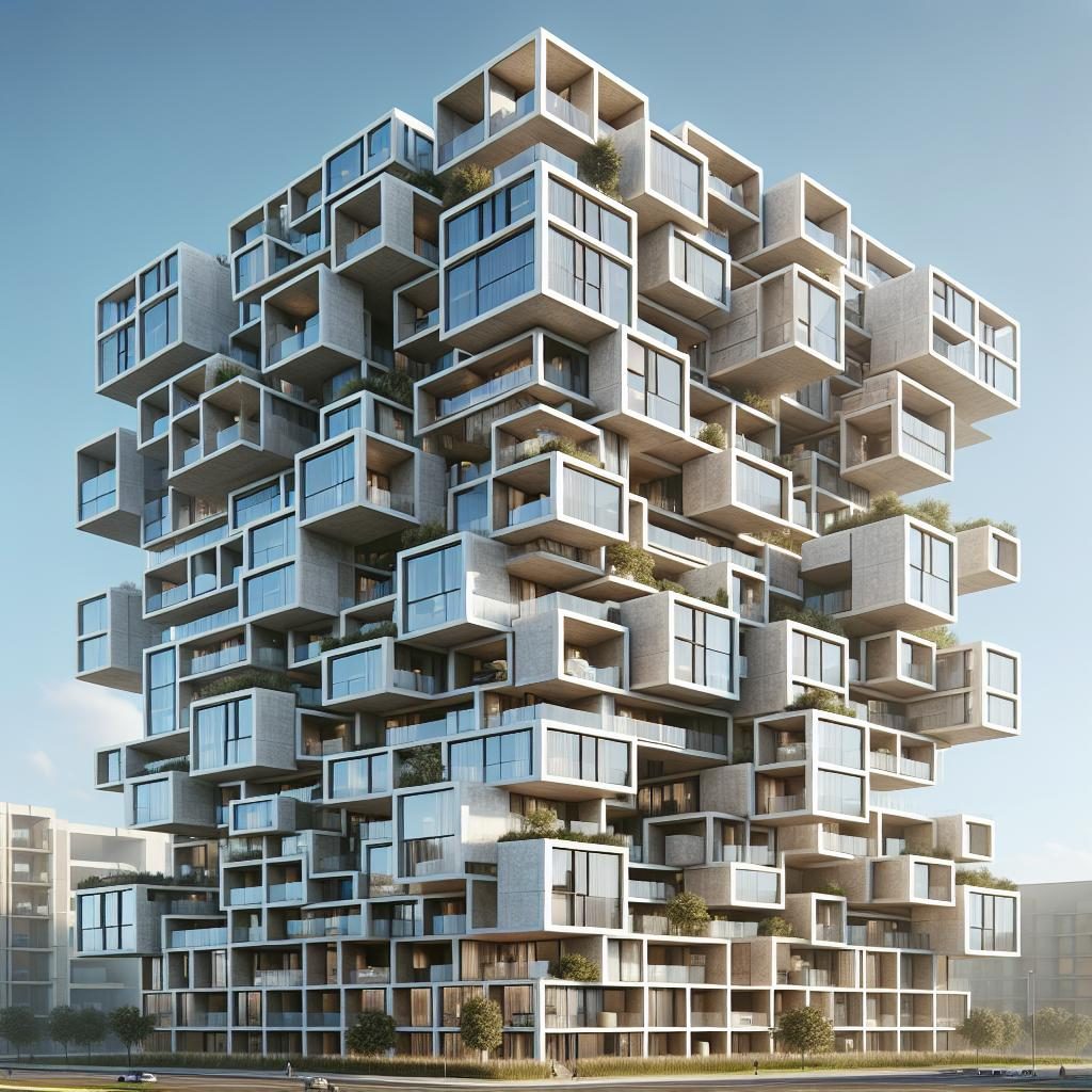 "Stacked box-style apartment tower"