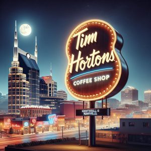 "Tim Hortons sign, Nashville backdrop"