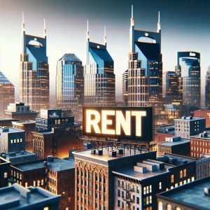 "Skyline of Nashville with Rent Sign"