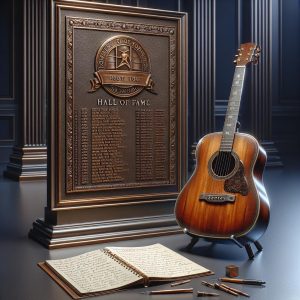 Guitar, notepad, and Hall of Fame plaque