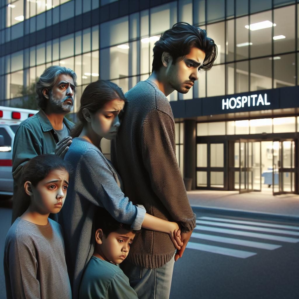 "Worried family at hospital entrance"