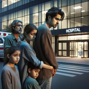 "Worried family at hospital entrance"