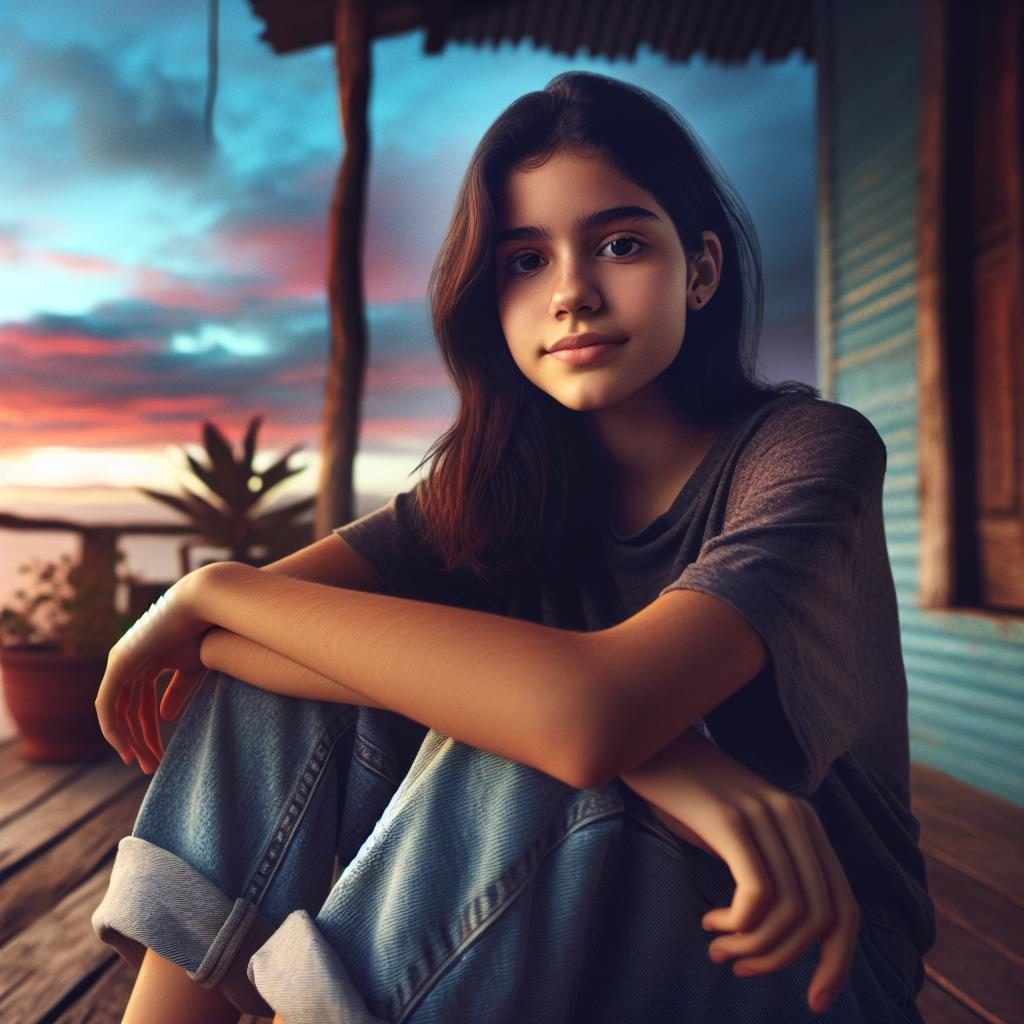 Teen girl, porch, evening light