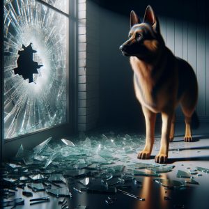 German Shepherd with shattered window.