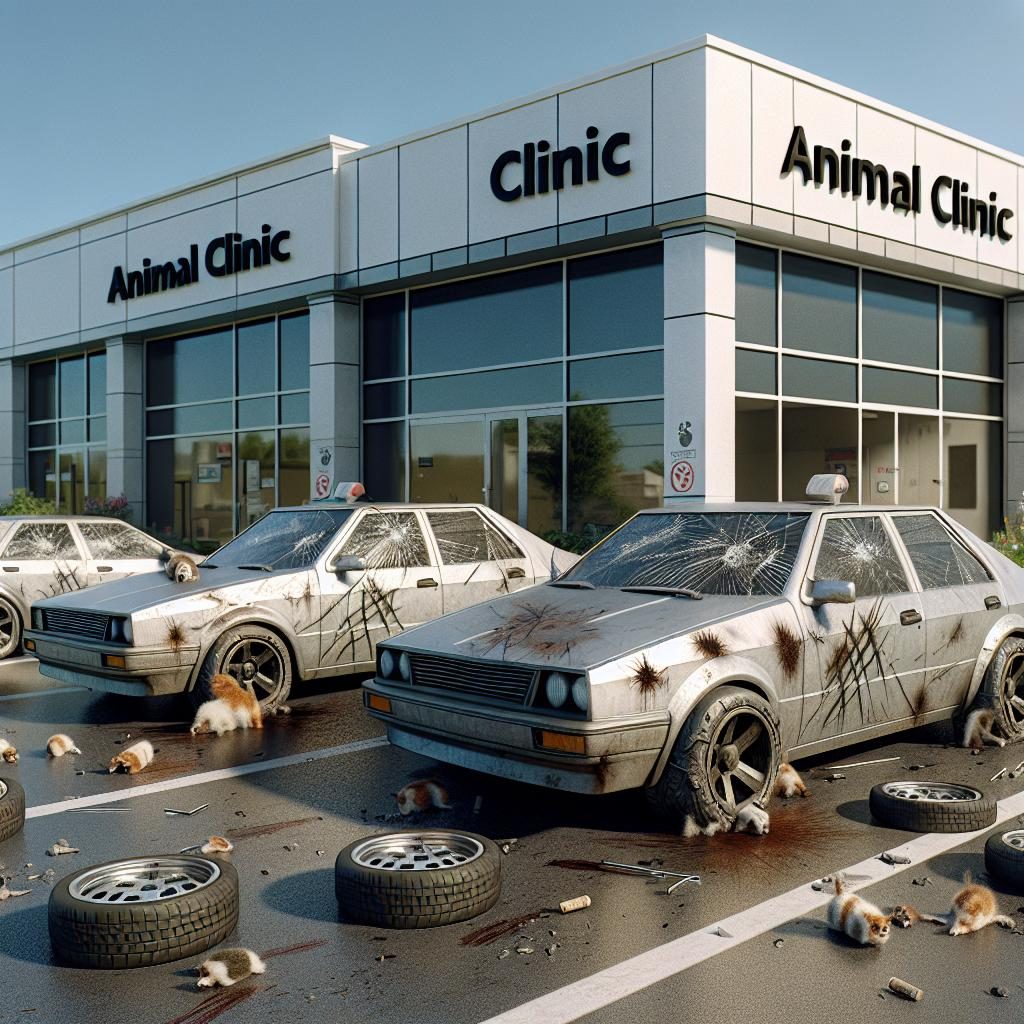 "Vandalized cars at animal clinic"