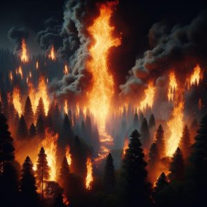 Raging wildfire consumes forest.