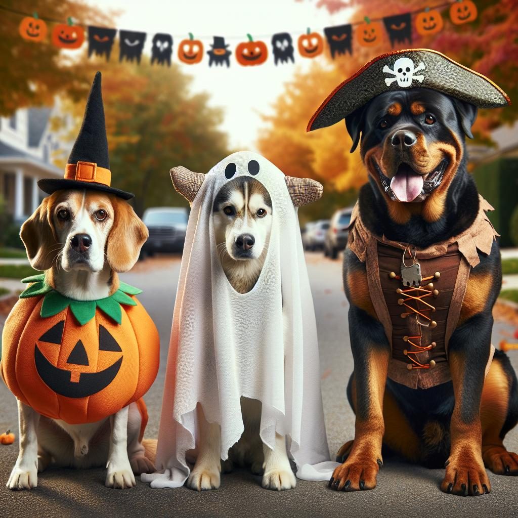 Dogs in Halloween costumes