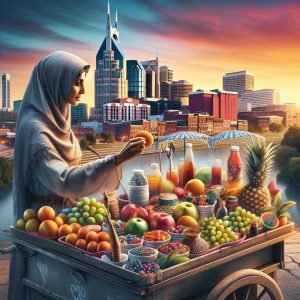 Street vendor against Nashville skyline