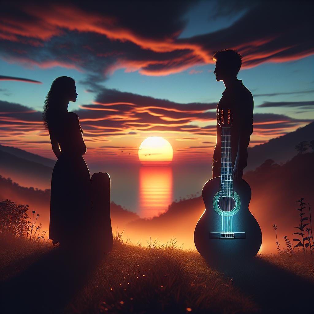 Guitar and sunset silhouette