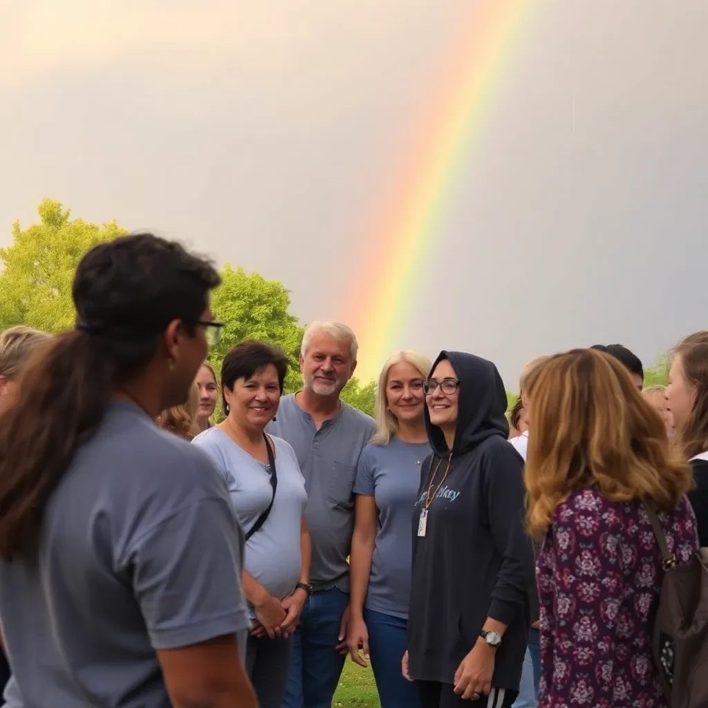 Supportive community gathering under a rainbow after rain.